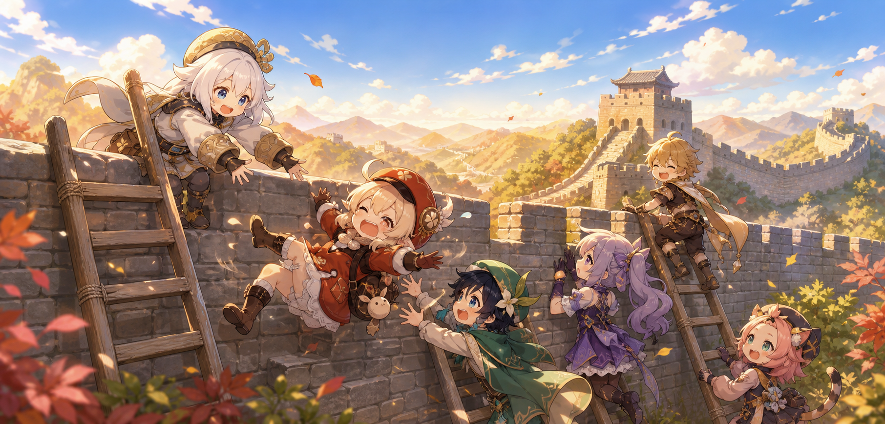 Cute anime fantasy characters climbing ladders over the Great Wall on a sunny day